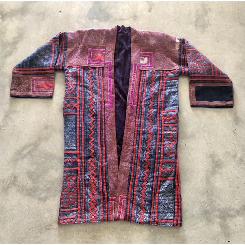 Vintage Embroidered Ethnic Duster Coat Sz L Reversible Meiko Style